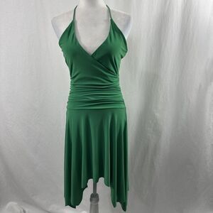 B. Darlin V2K Green Asymmetric Halter Ruched Dress Womens Size 3/4 Forest Whimsy